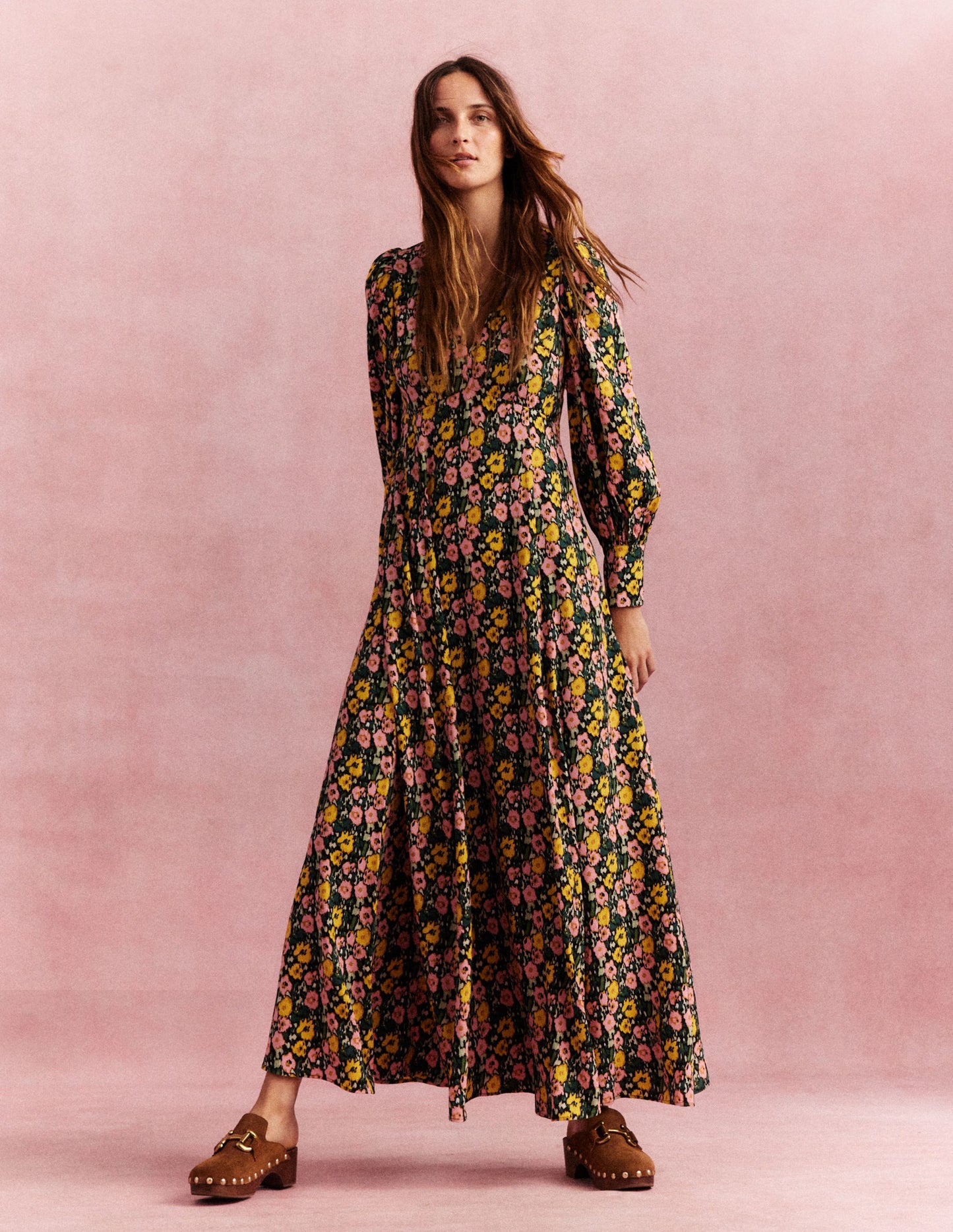 Blouson Sleeve Maxi Tea Dress-Emerald Night, Abstract Poppy