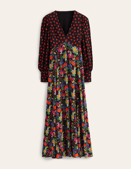 Blouson Sleeve Maxi Tea Dress-Black, Carnation Garden-5