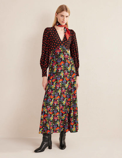 Blouson Sleeve Maxi Tea Dress-Black, Carnation Garden-1