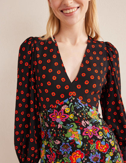 Blouson Sleeve Maxi Tea Dress-Black, Carnation Garden-2