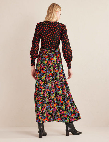 Blouson Sleeve Maxi Tea Dress-Black, Carnation Garden-3