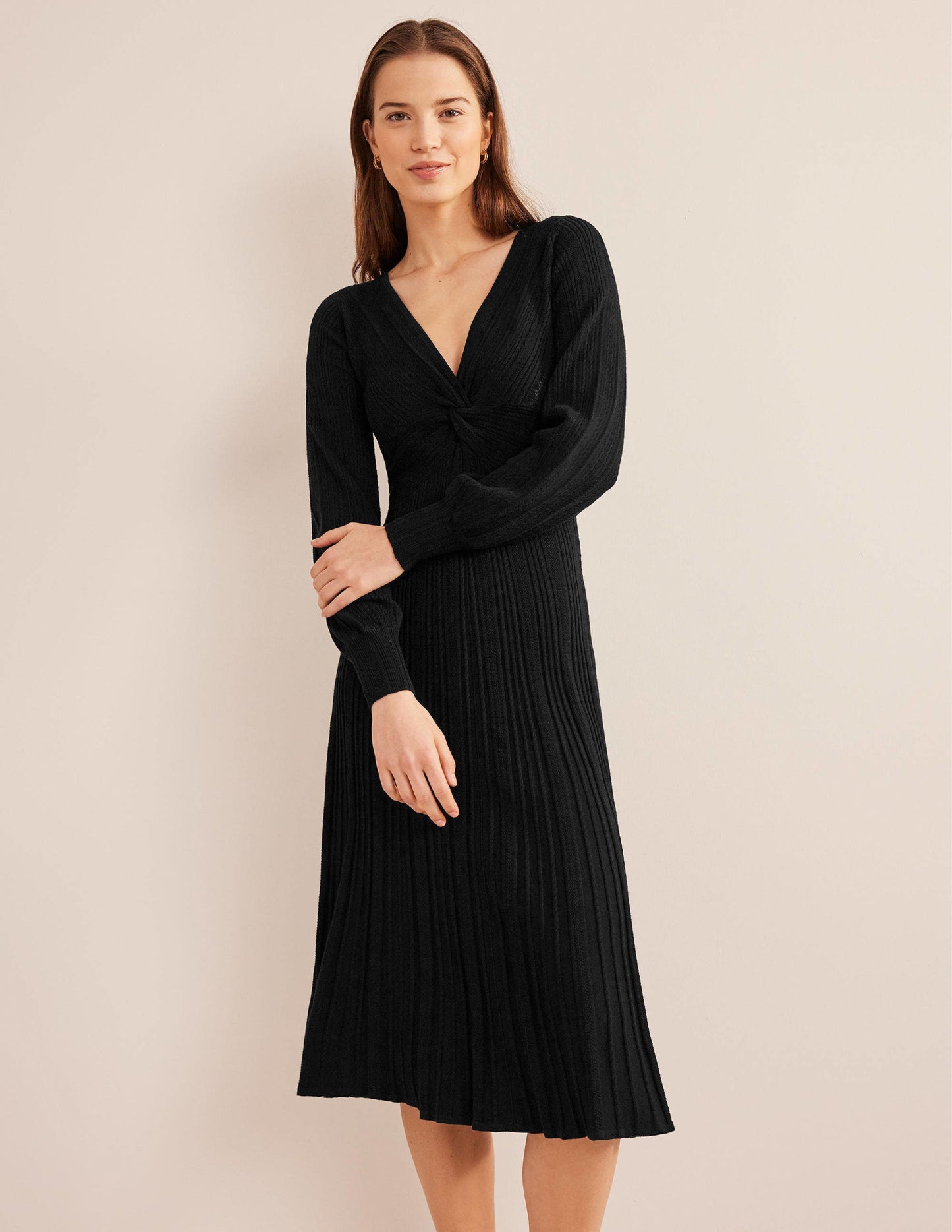 Twist Front Knitted Midi Dress-Black