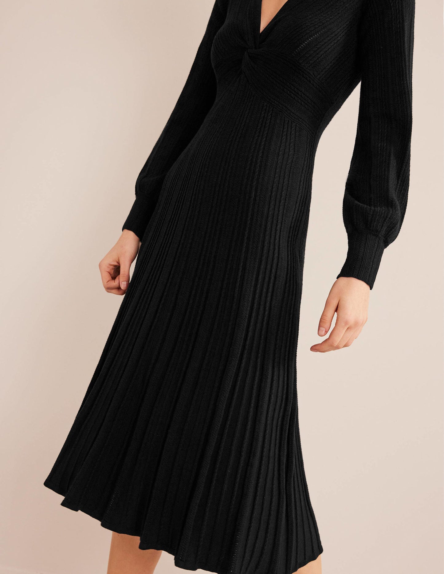 Twist Front Knitted Midi Dress-Black