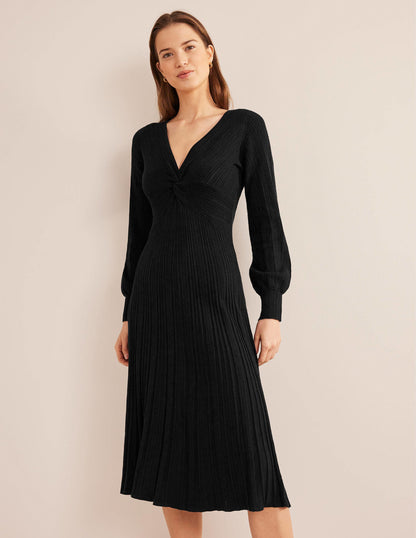 Twist Front Knitted Midi Dress-Black