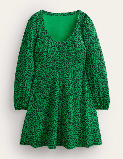 Button Front Jersey Mini Dress-Green Bee, Tulip Sprig-6