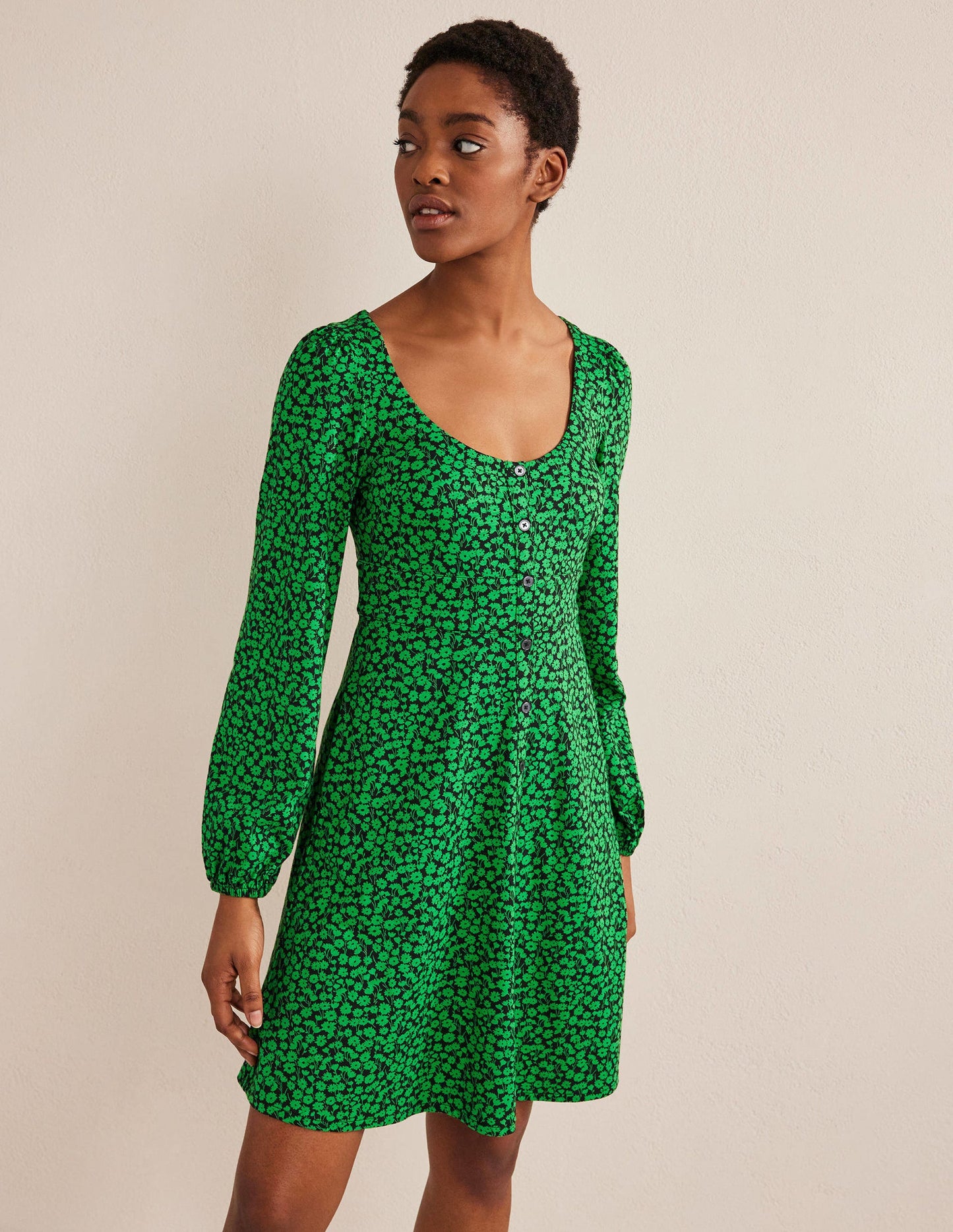 Button Front Jersey Mini Dress-Green Bee, Tulip Sprig