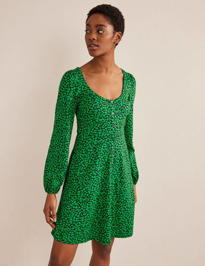 Button Front Jersey Mini Dress-Green Bee, Tulip Sprig-1