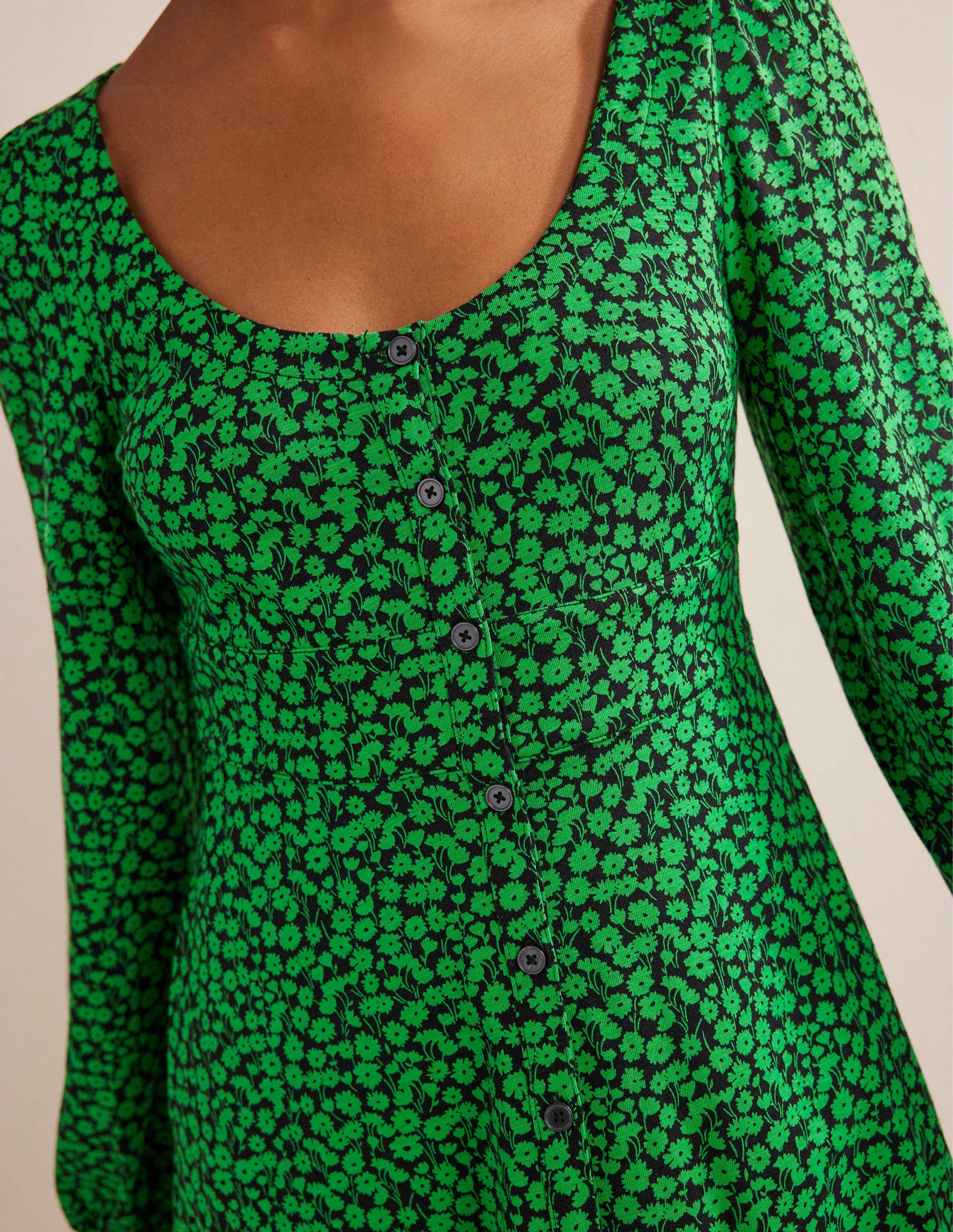 Button Front Jersey Mini Dress-Green Bee, Tulip Sprig-2