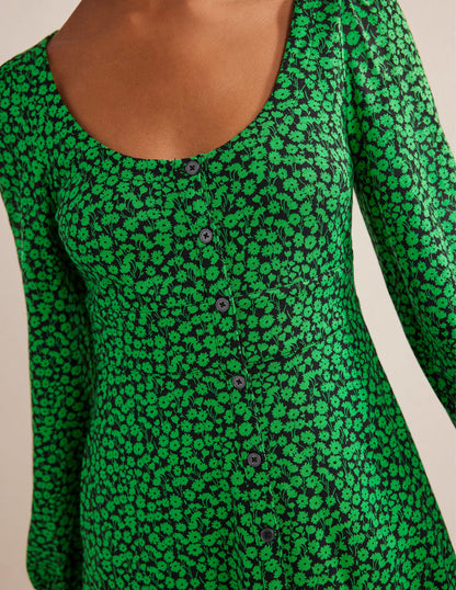 Button Front Jersey Mini Dress-Green Bee, Tulip Sprig-2