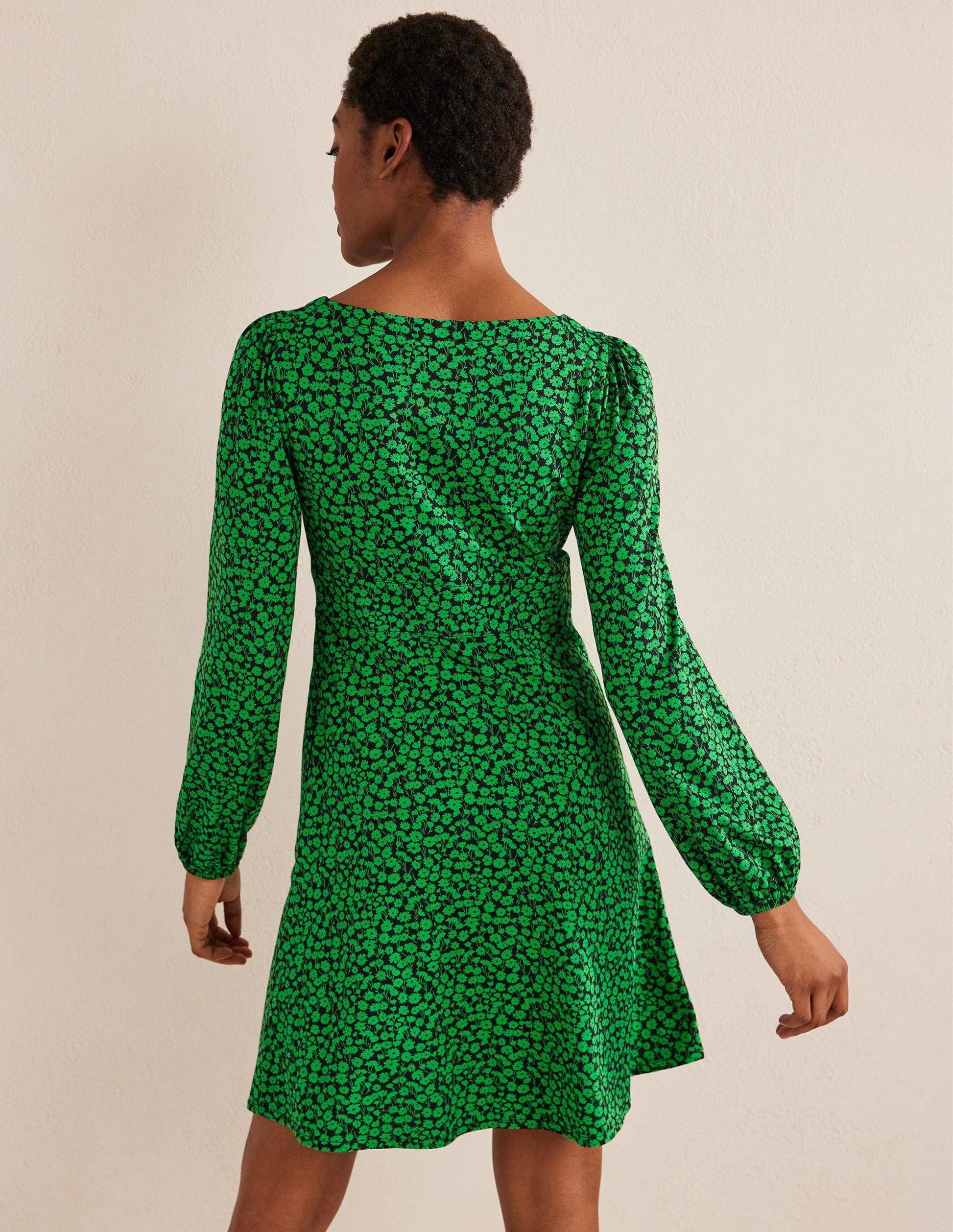 Button Front Jersey Mini Dress-Green Bee, Tulip Sprig-3