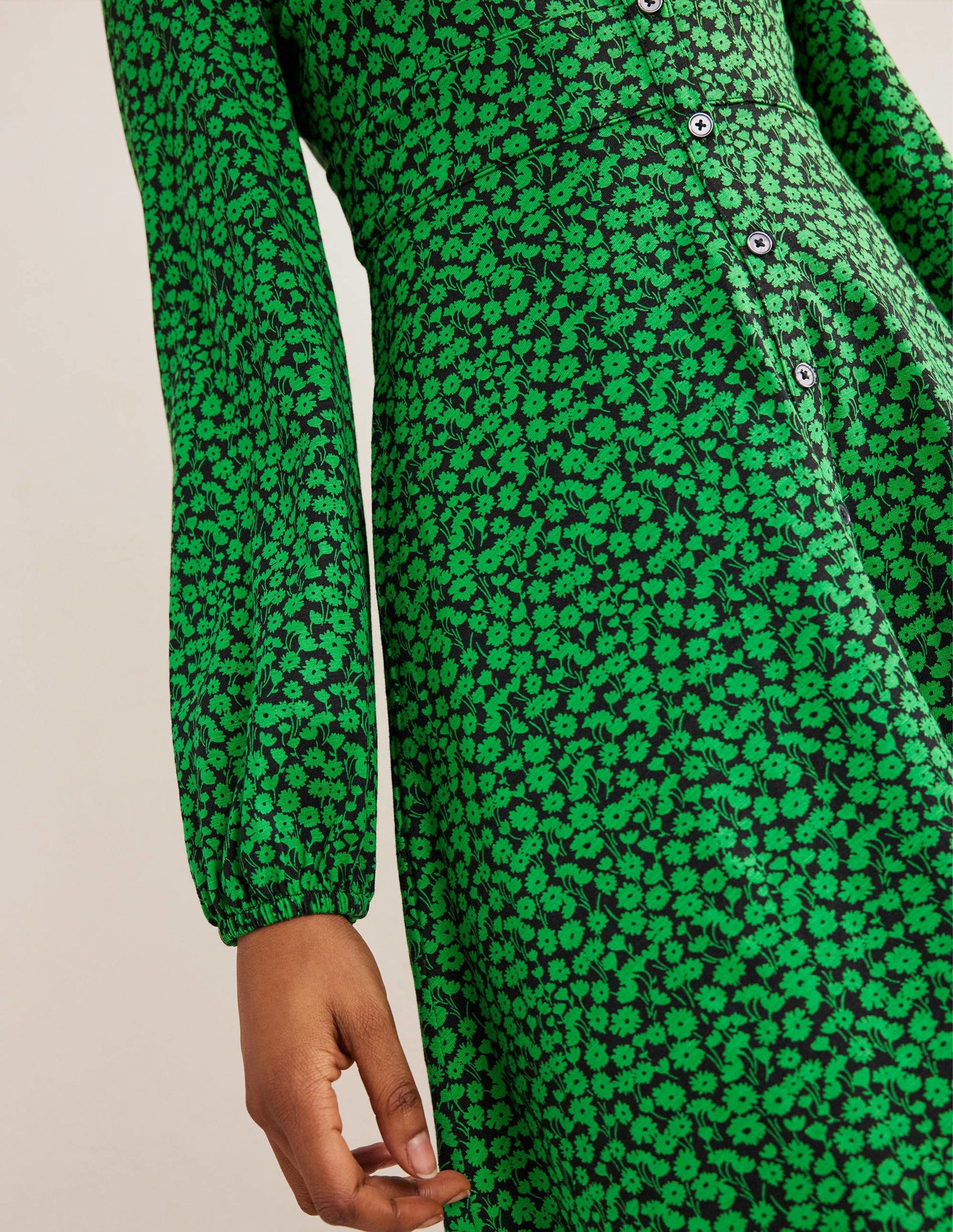 Button Front Jersey Mini Dress-Green Bee, Tulip Sprig-4