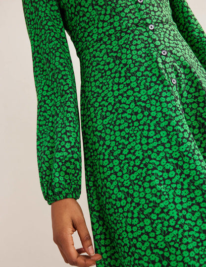 Button Front Jersey Mini Dress-Green Bee, Tulip Sprig-4