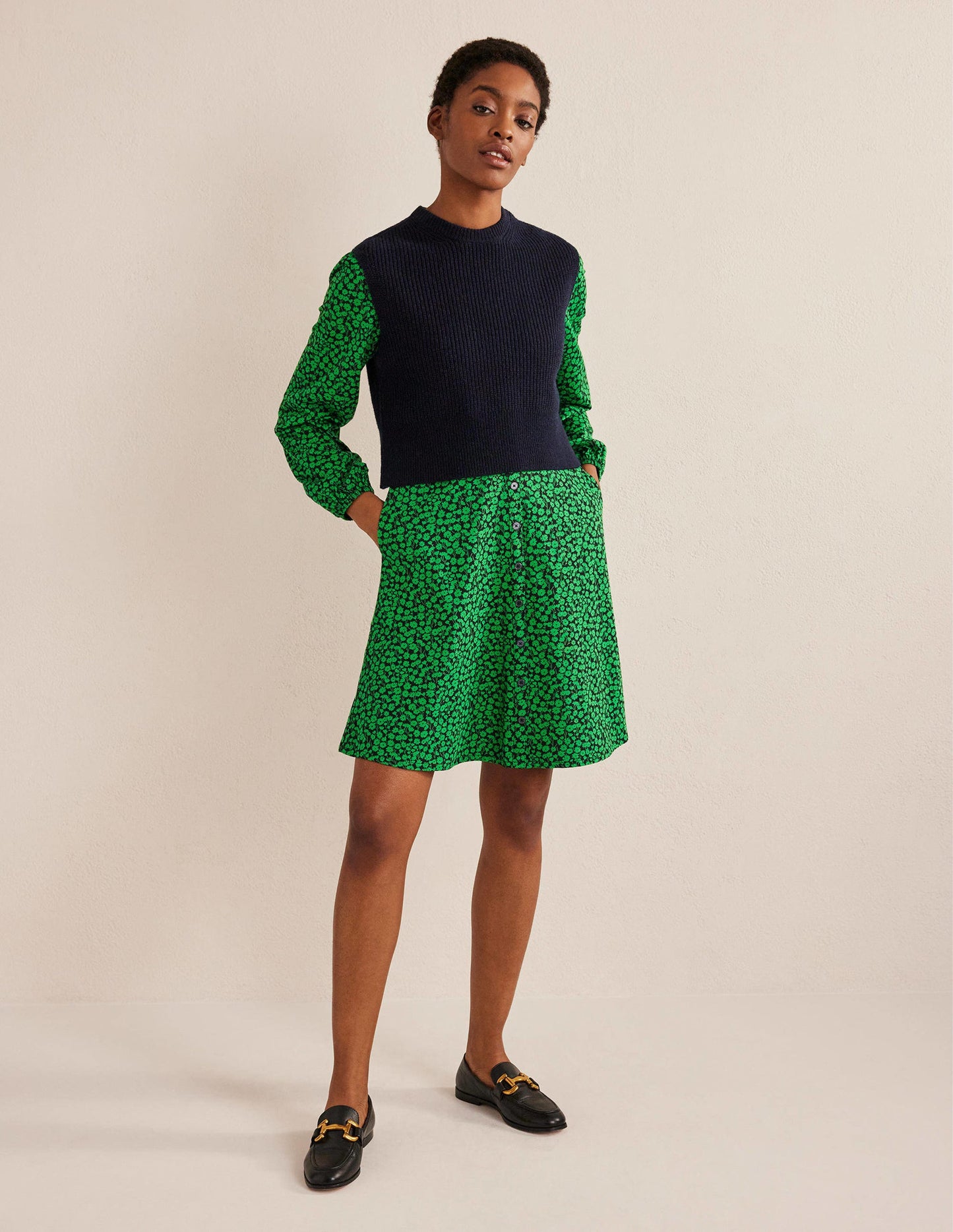 Button Front Jersey Mini Dress-Green Bee, Tulip Sprig