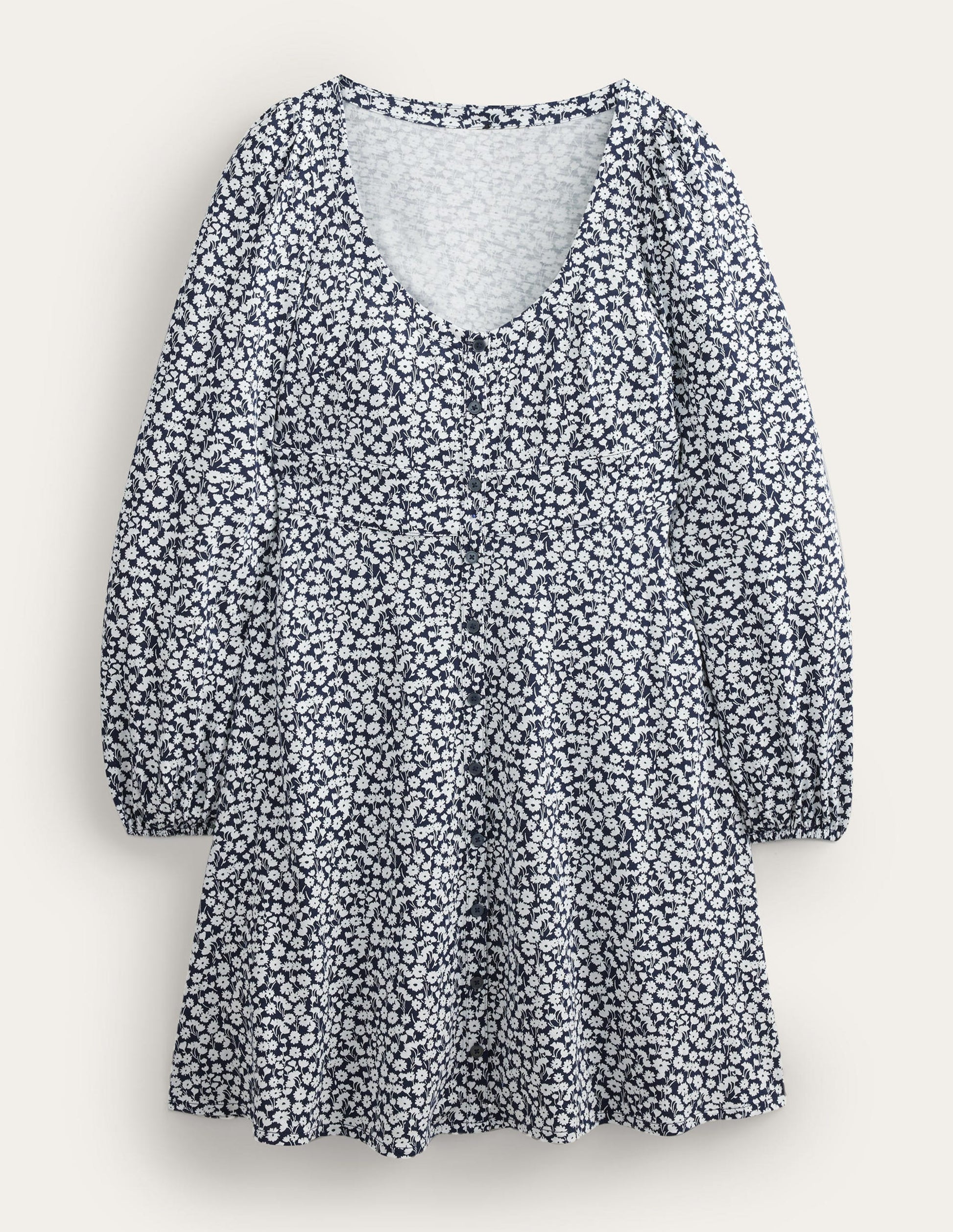 Button Front Jersey Mini Dress-French Navy, Tulip Sprig-5