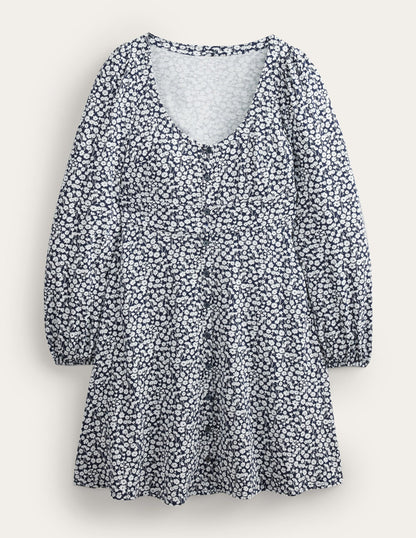 Button Front Jersey Mini Dress-French Navy, Tulip Sprig-5