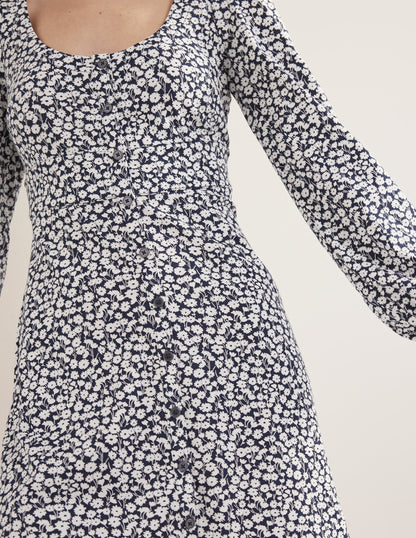 Button Front Jersey Mini Dress-French Navy, Tulip Sprig-2