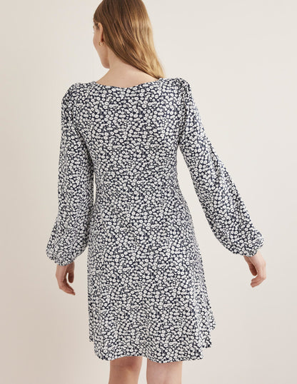 Button Front Jersey Mini Dress-French Navy, Tulip Sprig-3