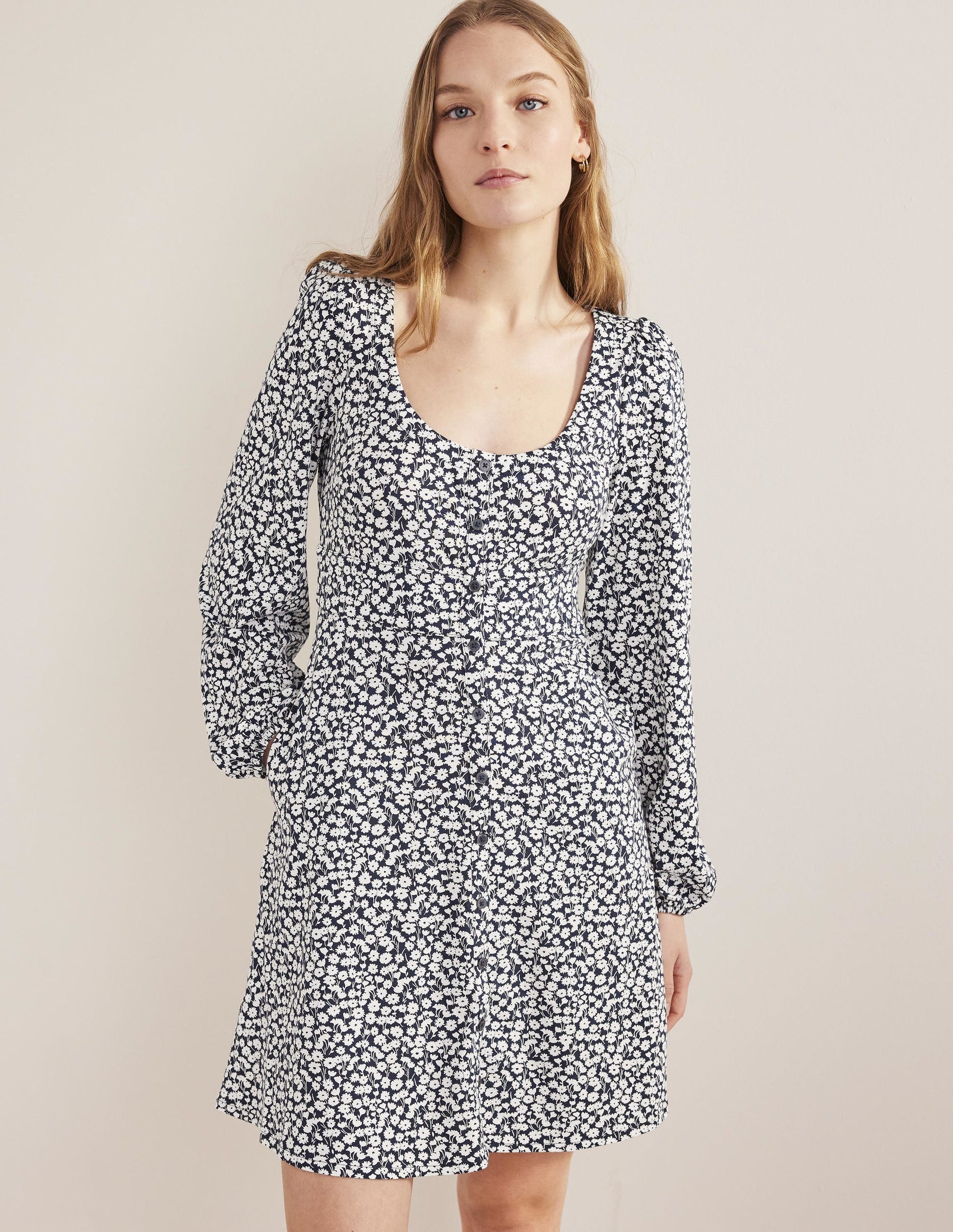 Button Front Jersey Mini Dress-French Navy, Tulip Sprig-4