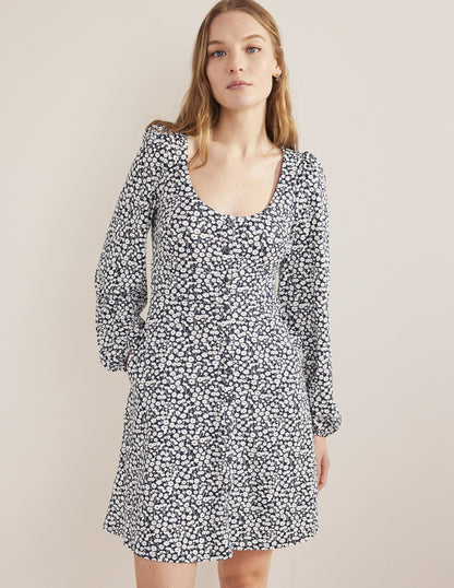 Button Front Jersey Mini Dress-French Navy, Tulip Sprig-4