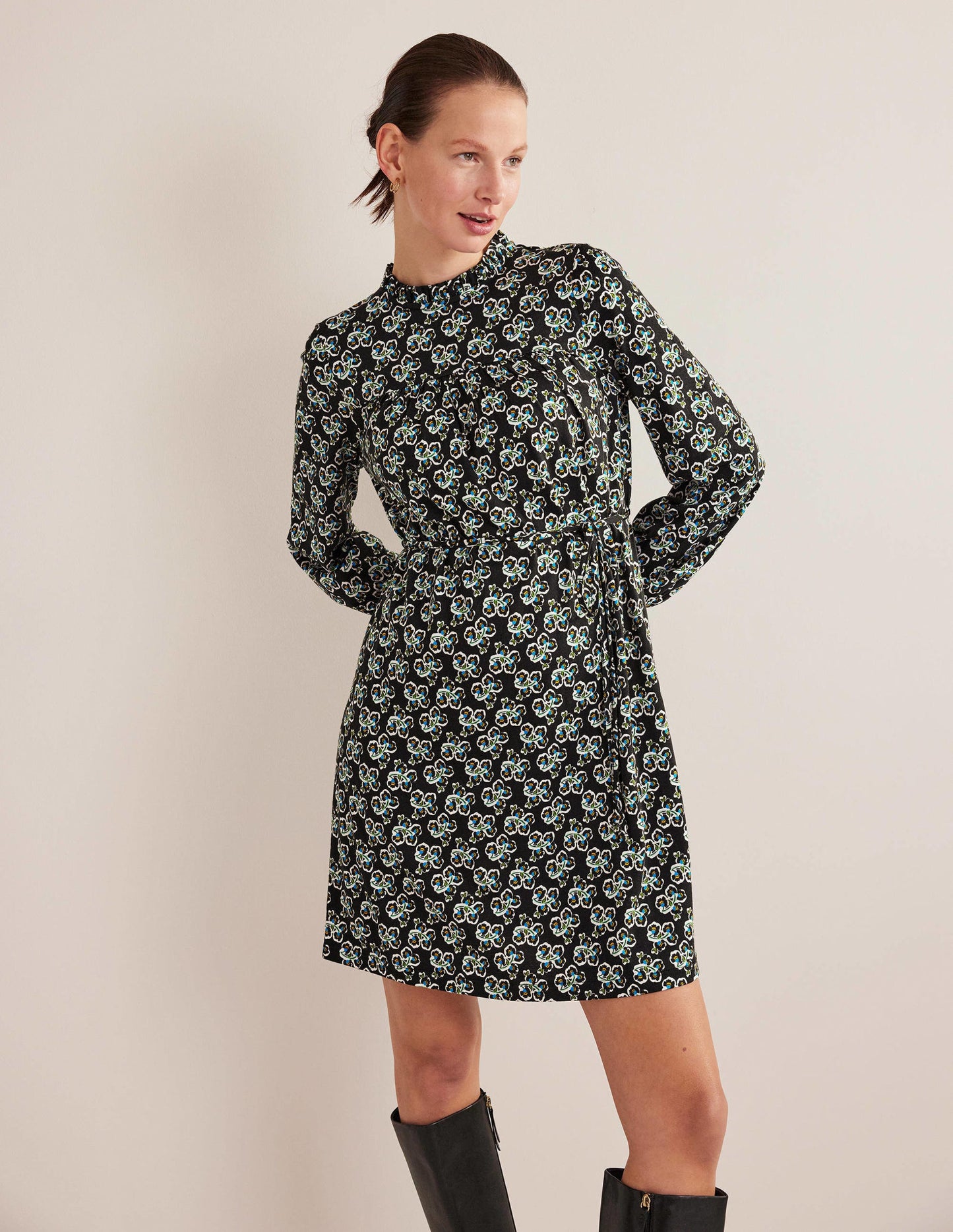 Easy Yoke Mini Jersey Dress-Black, Petal Blossom