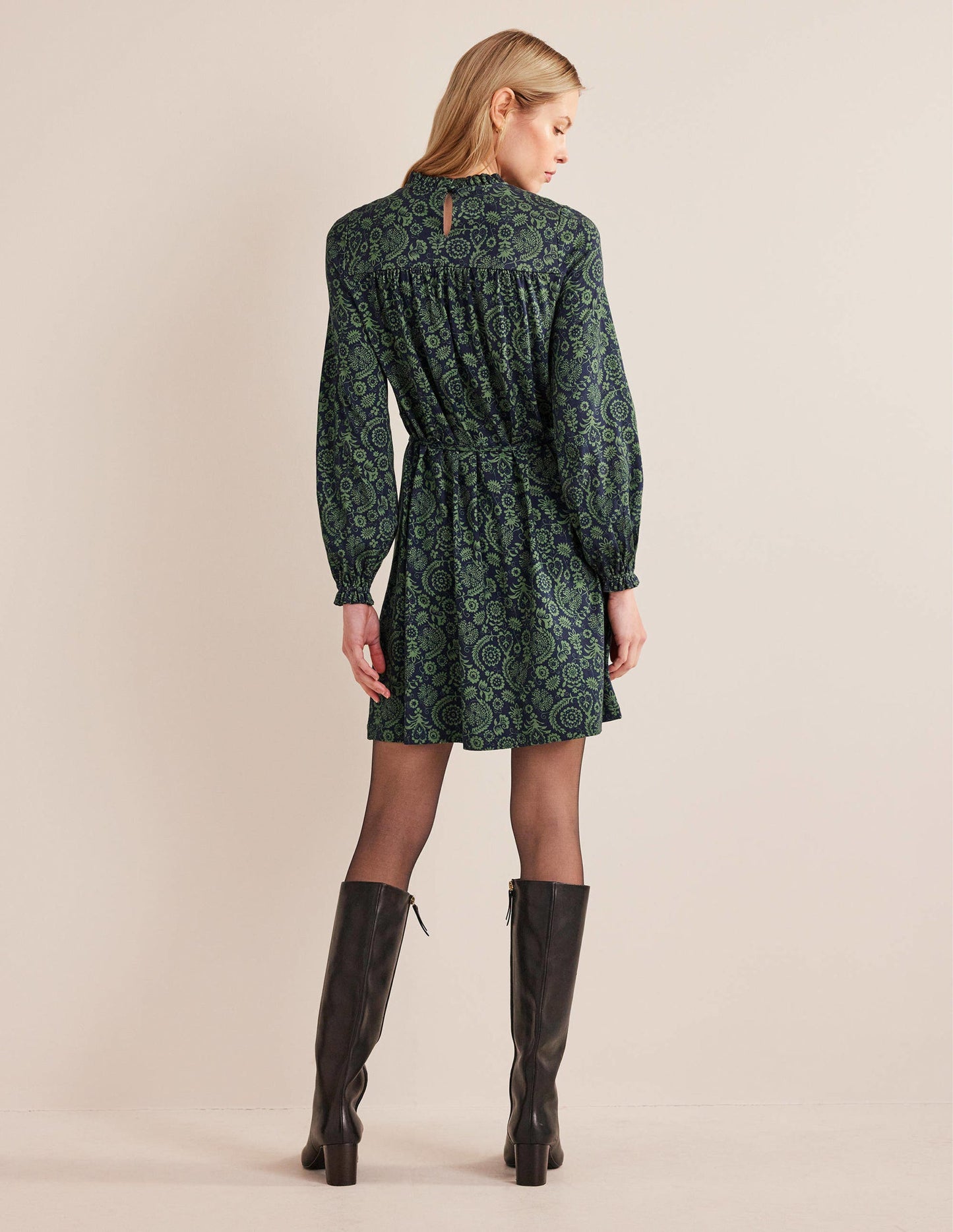 Easy Yoke Mini Jersey Dress-Broad Bean, Tropic Charm