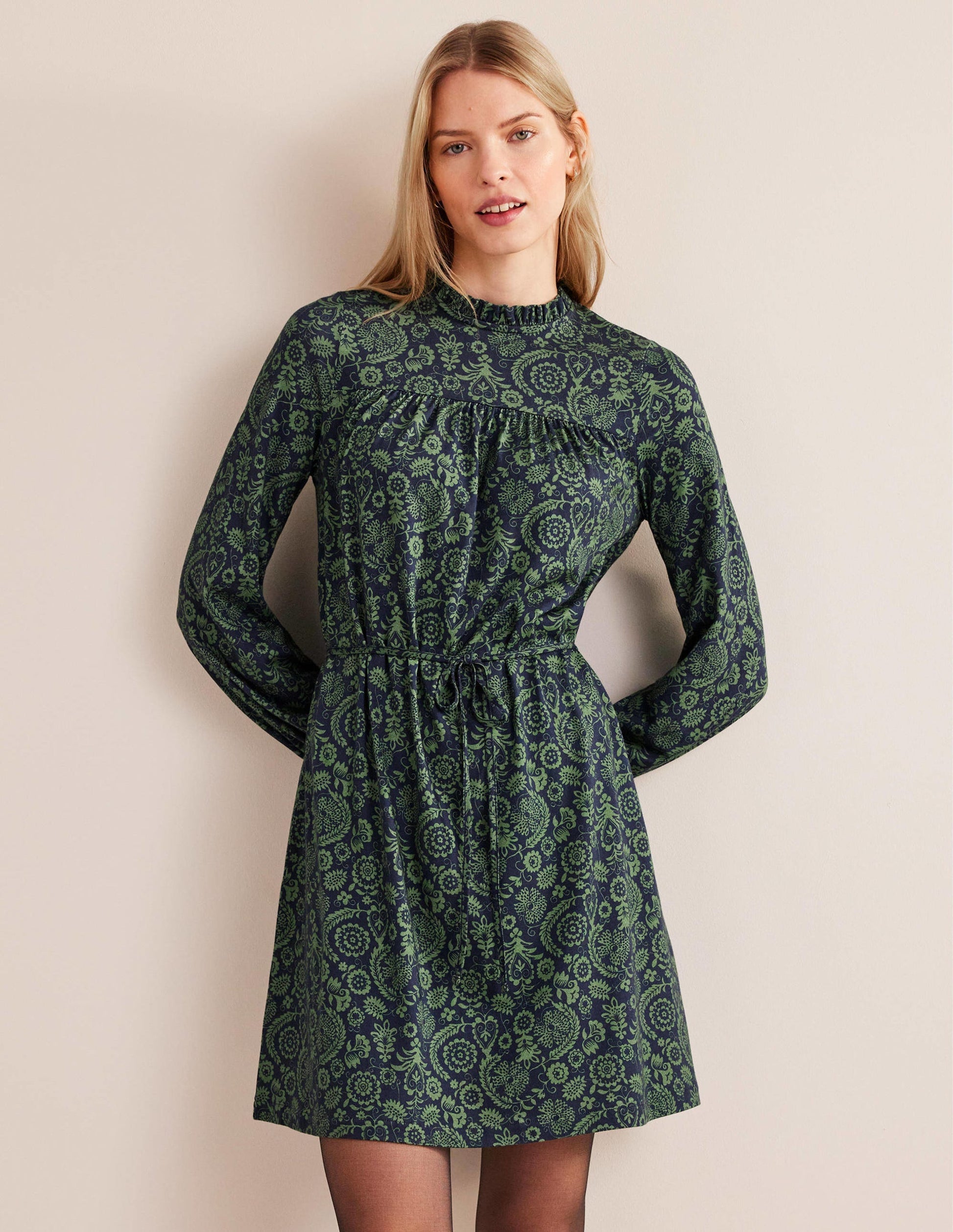 Easy Yoke Mini Jersey Dress-Broad Bean, Tropic Charm-4