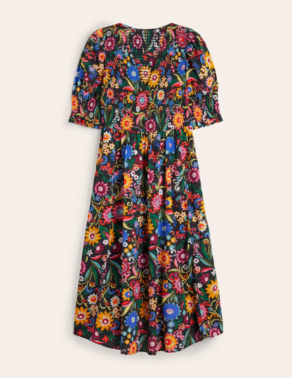 Smocked Bodice Midi Dress-Black, Gardenia Pop-6