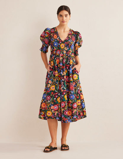Smocked Bodice Midi Dress-Black, Gardenia Pop-1