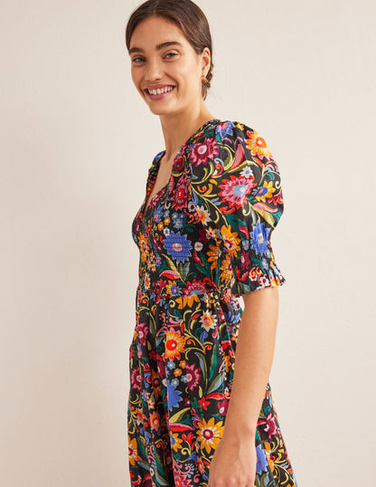 Smocked Bodice Midi Dress-Black, Gardenia Pop-4