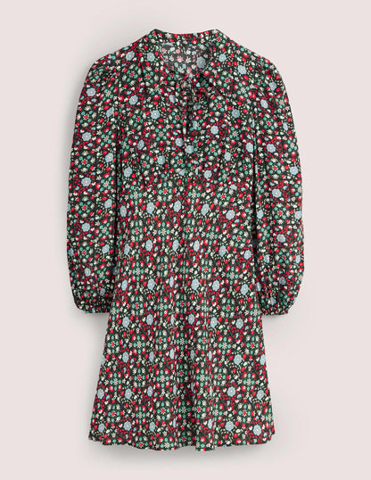 Tie Neck Shirt Dress-Black, Gardenia Swirl-6