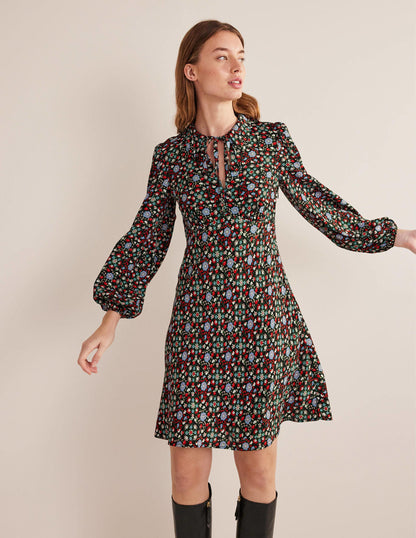 Tie Neck Shirt Dress-Black, Gardenia Swirl-1
