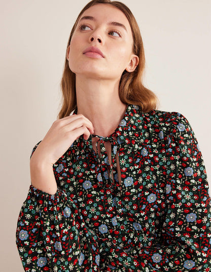 Tie Neck Shirt Dress-Black, Gardenia Swirl-2