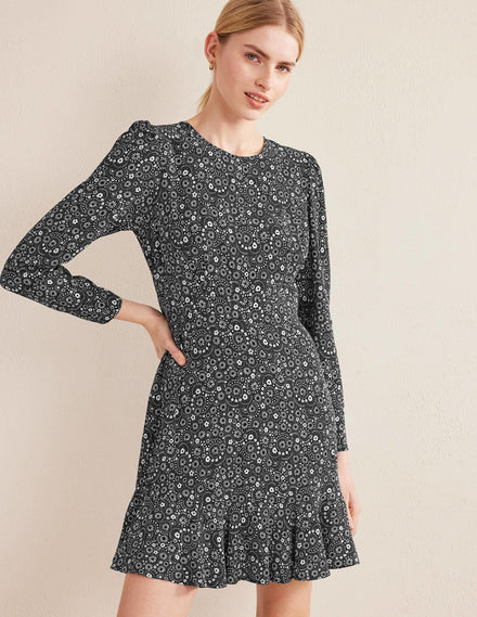 Long Sleeve Flippy Mini Dress-Black, Dotty Daisy