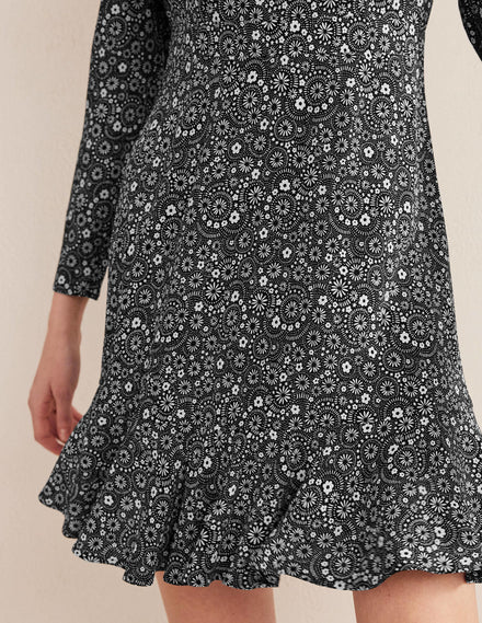 Long Sleeve Flippy Mini Dress-Black, Dotty Daisy