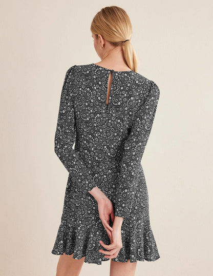 Long Sleeve Flippy Mini Dress-Black, Dotty Daisy-3
