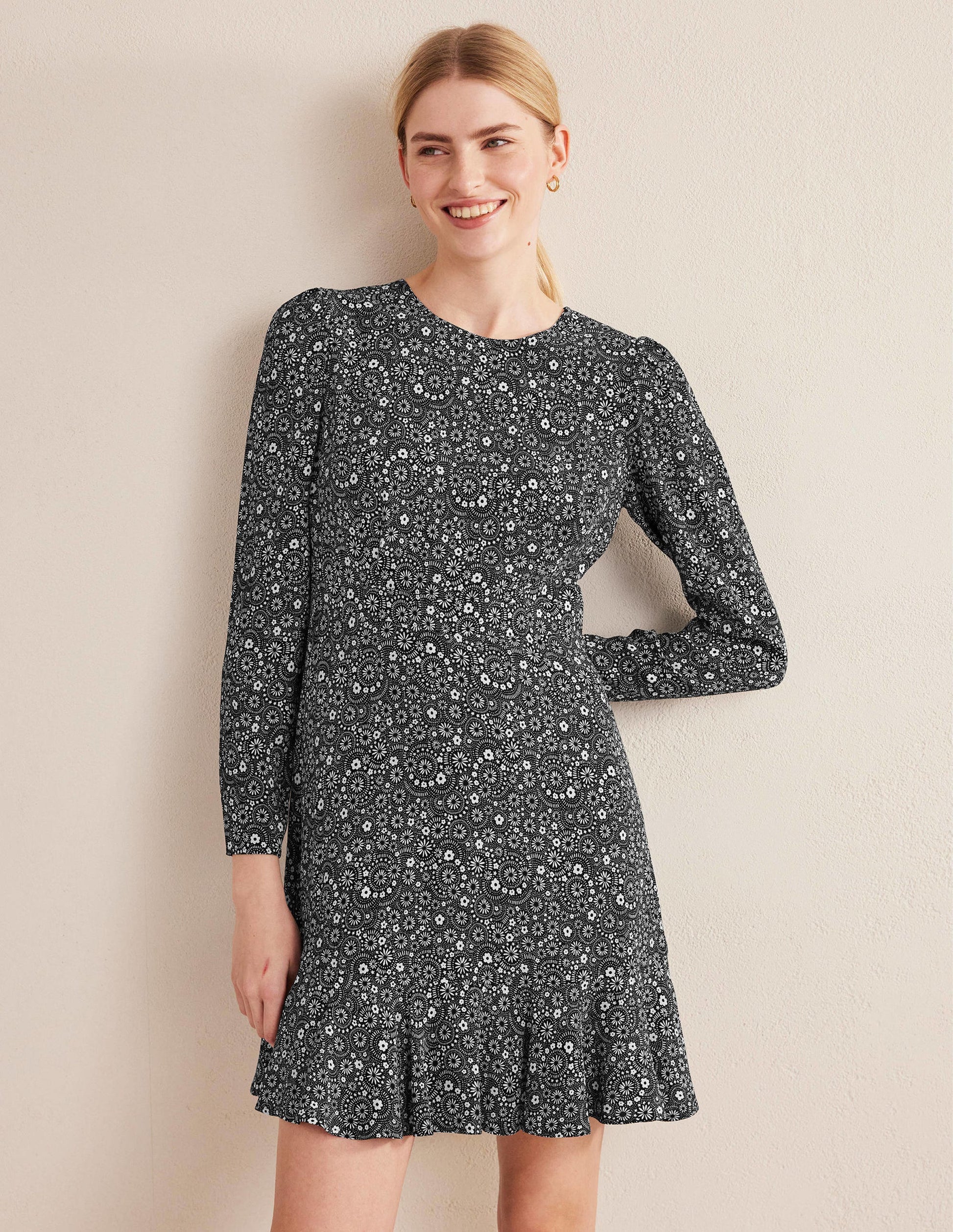 Long Sleeve Flippy Mini Dress-Black, Dotty Daisy-4