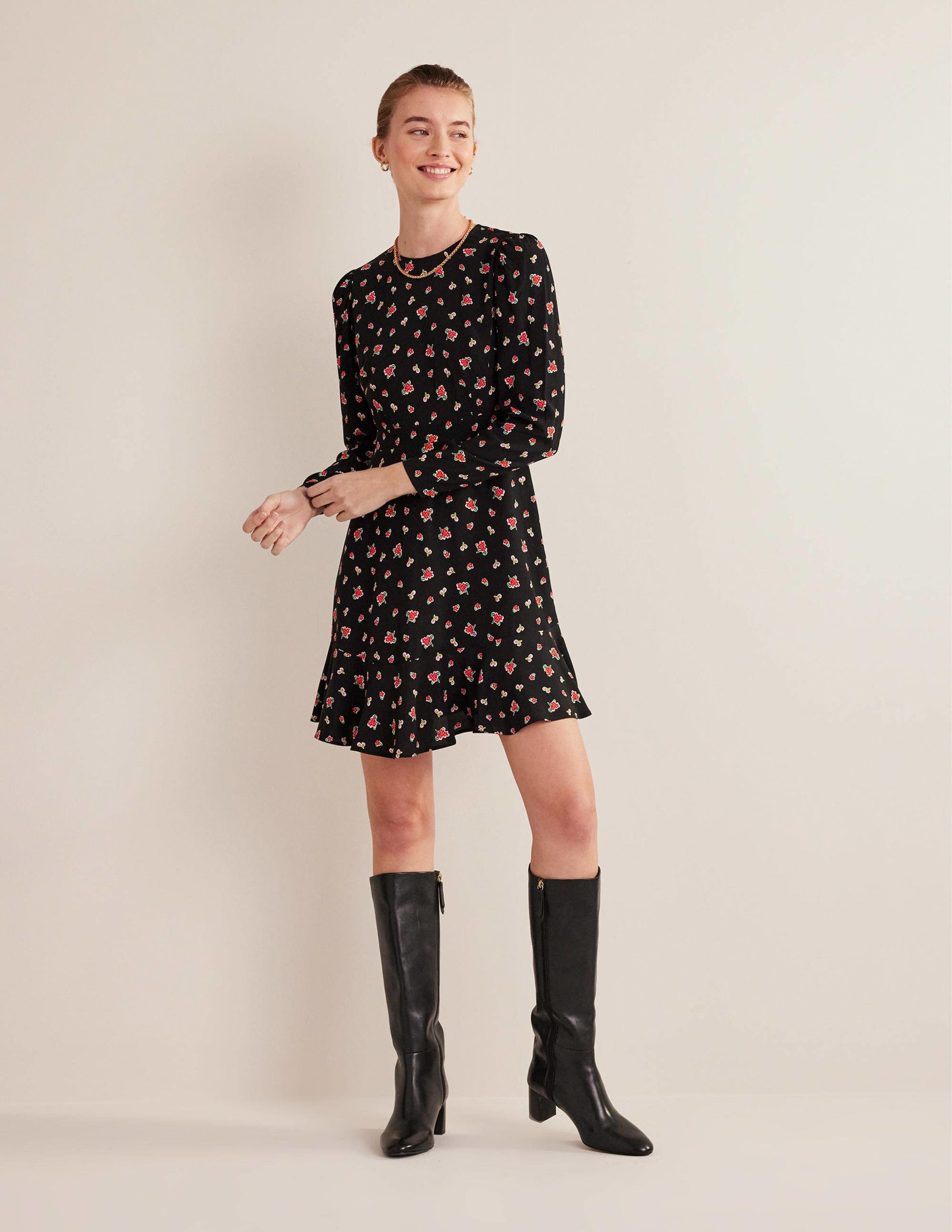 Long Sleeve Flippy Mini Dress-Black, Dotty Daisy-5