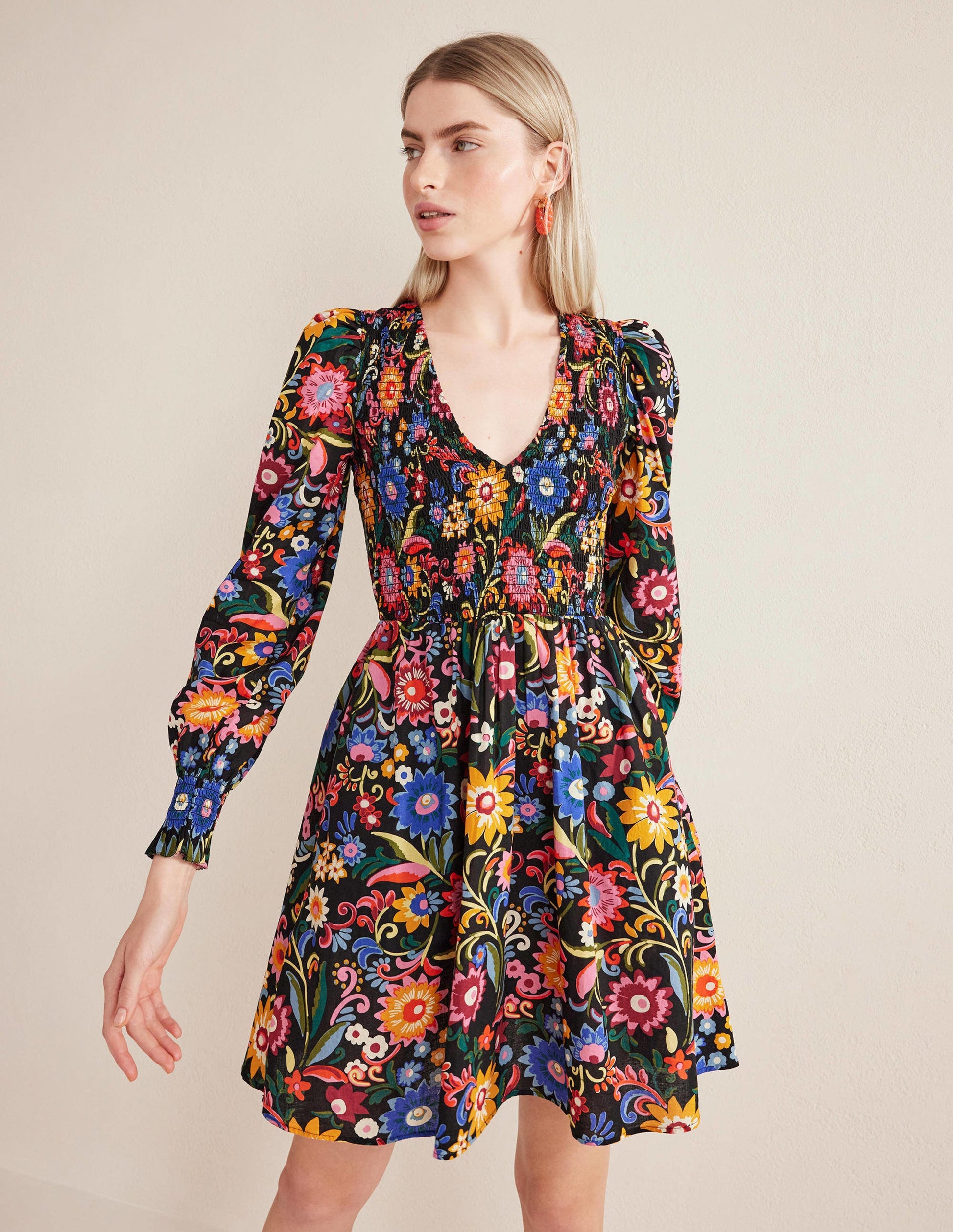 Smocked Bodice Mini Dress-Black, Gardenia Pop-1