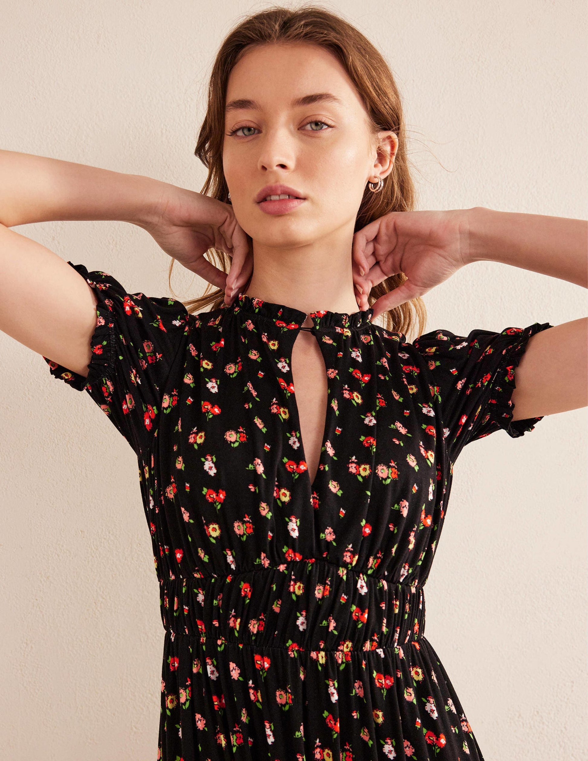 Rosanna Jersey Midi Tea Dress-Black, Dainty Sprig-2