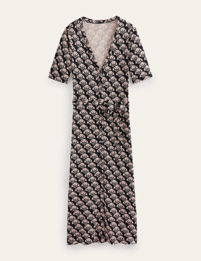 Button Front Jersey Midi Dress-Black, Passion Stamp-5