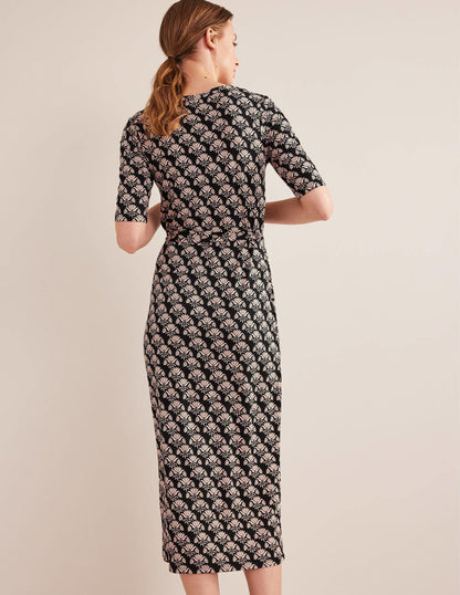 Button Front Jersey Midi Dress-Black, Passion Stamp-3