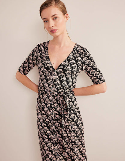 Button Front Jersey Midi Dress-Black, Passion Stamp-4
