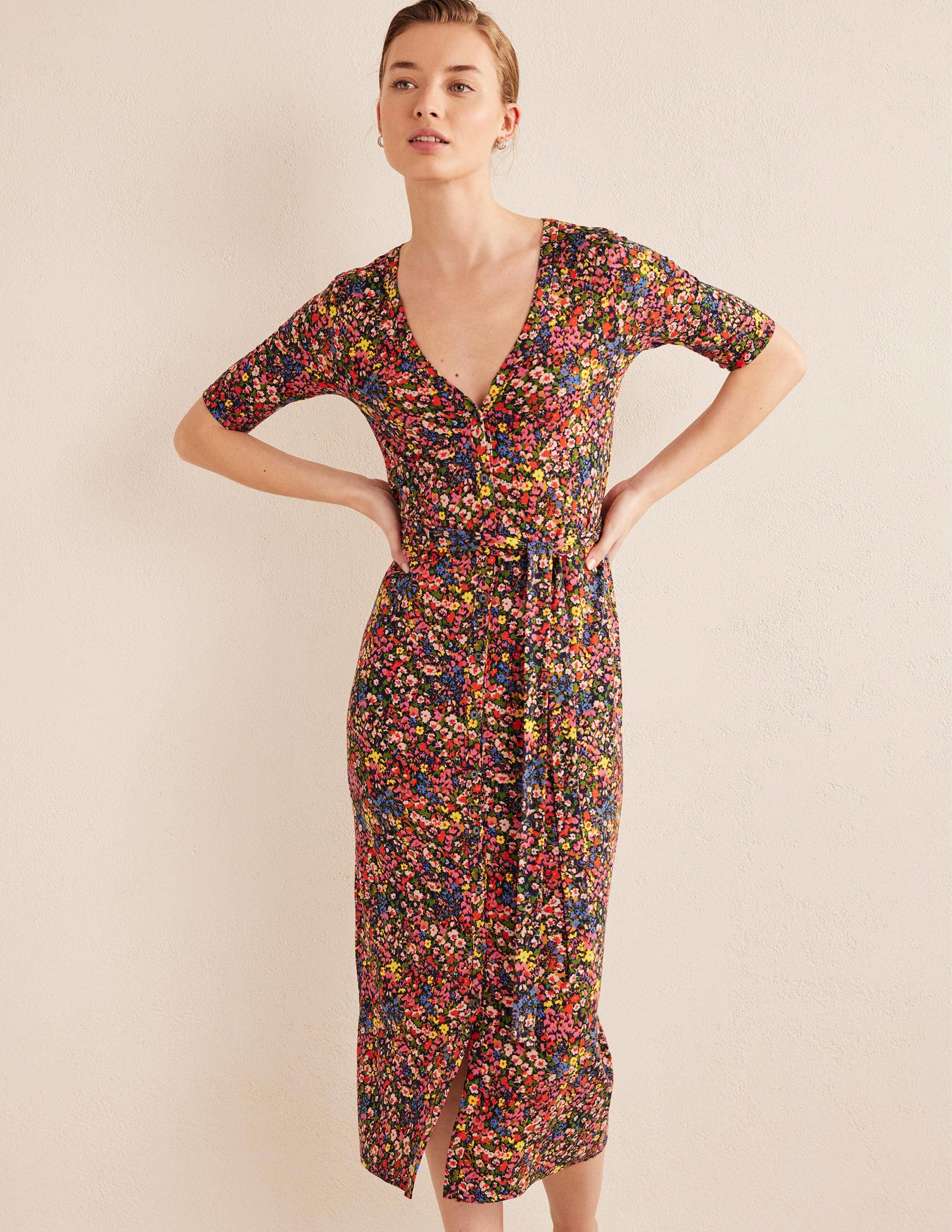 Button Front Jersey Midi Dress-Multi, Gardenia Petal-1