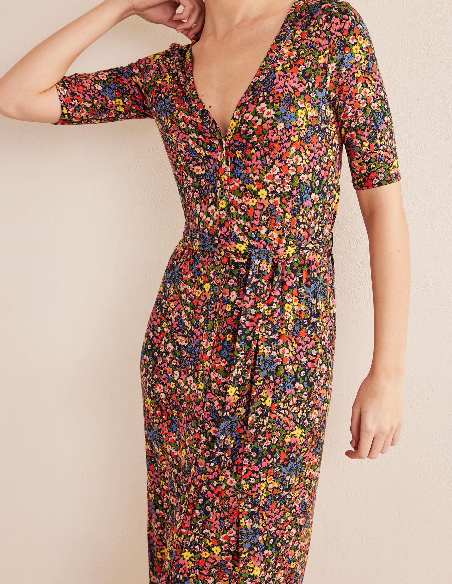 Button Front Jersey Midi Dress-Multi, Gardenia Petal