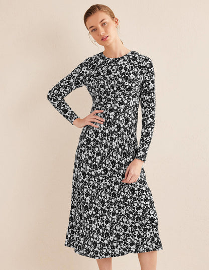 Crew Neck Midi Tea Dress-Black, Bloom Silhouette-1