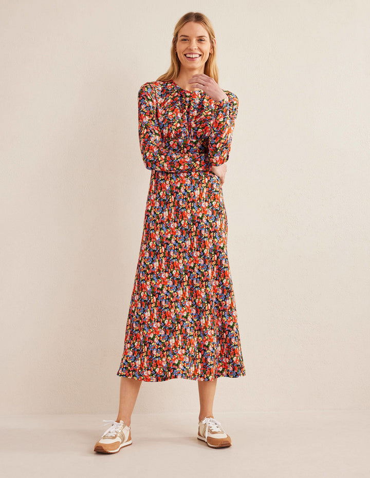 Crew Neck Midi Tea Dress-Multi, Peony Pop