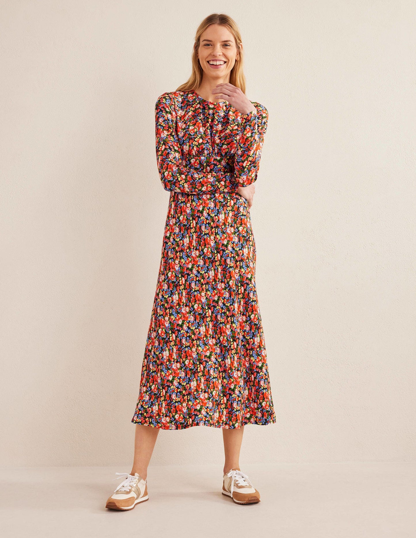 Crew Neck Midi Tea Dress-Multi, Peony Pop