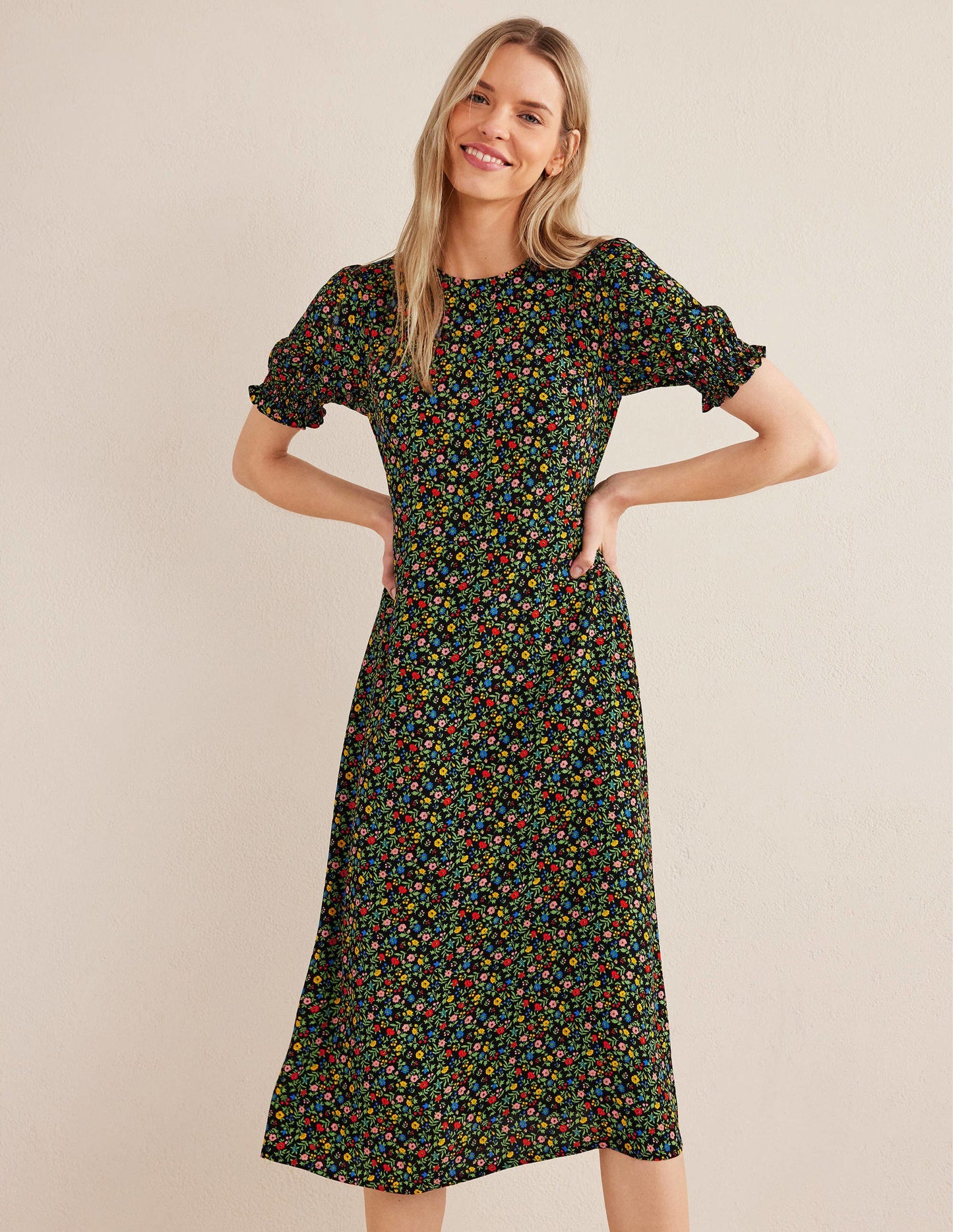 Corinne Midi Tea Dress-Black, Petal Foliage