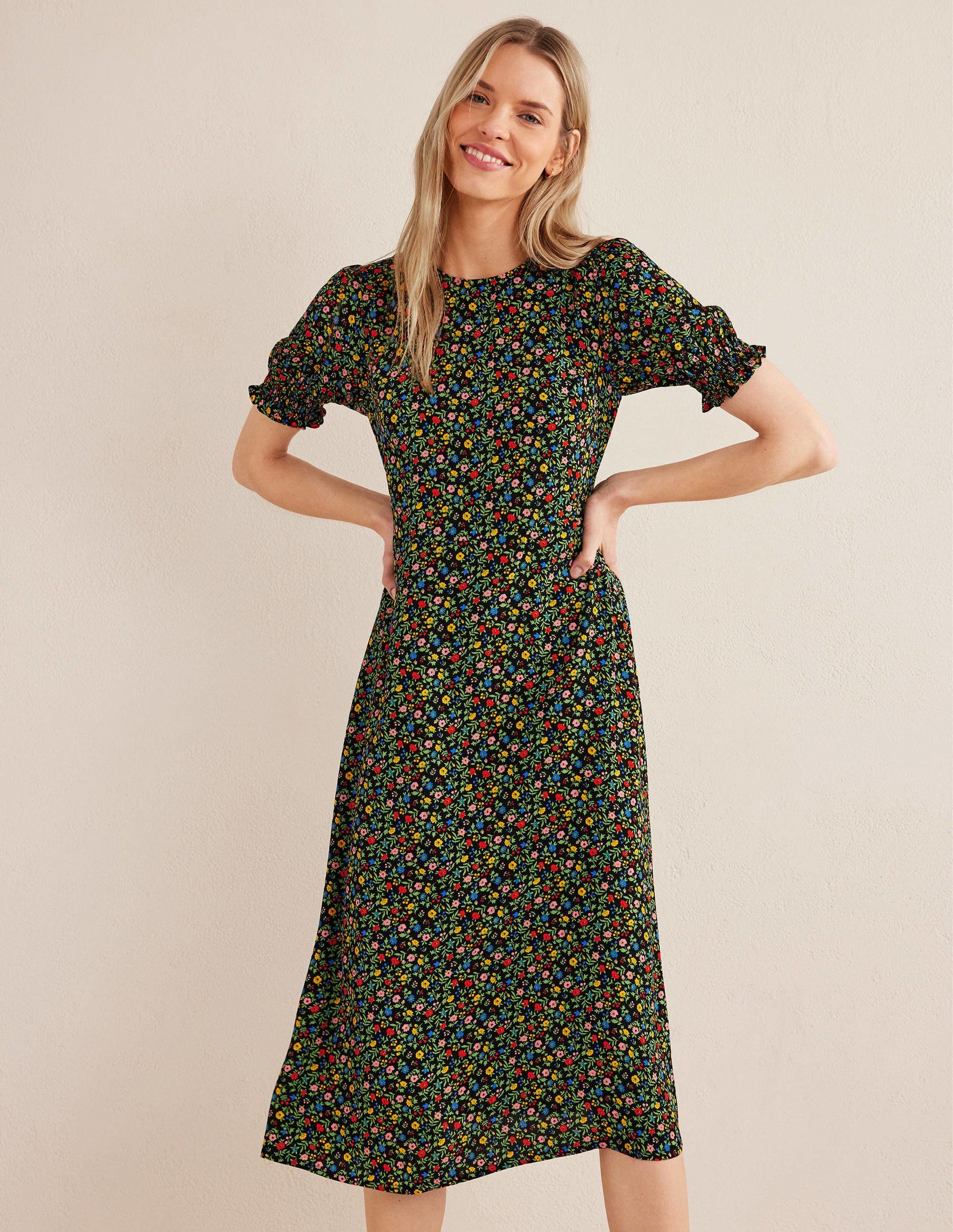 Corinne Midi Tea Dress-Black, Petal Foliage-1