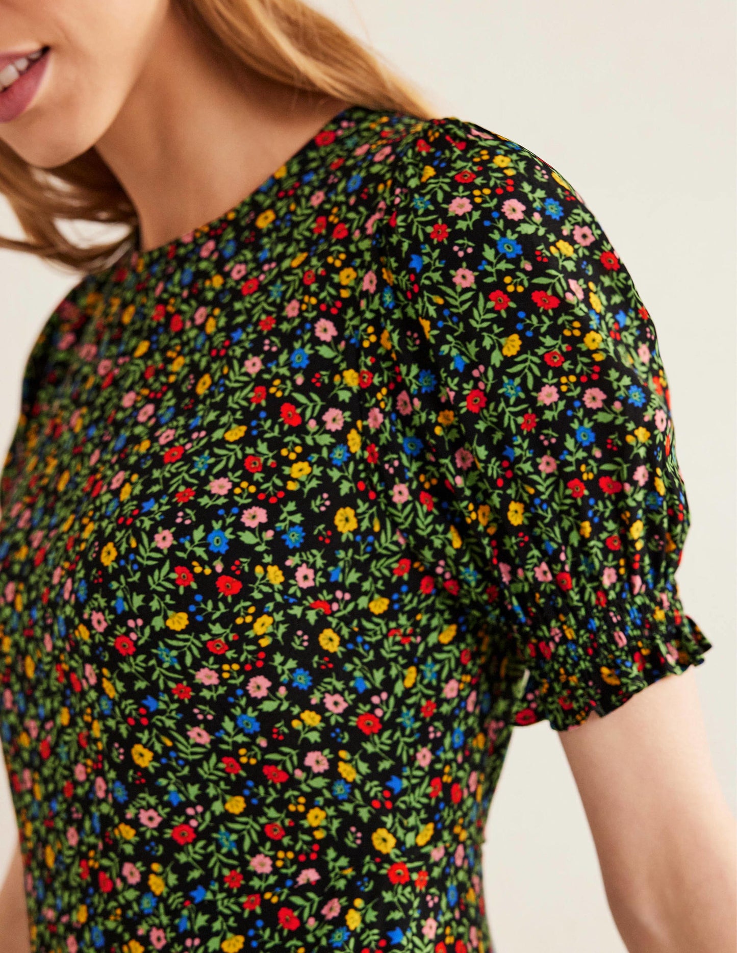 Corinne Midi Tea Dress-Black, Petal Foliage